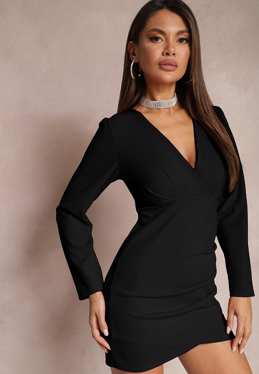 Czarna Taliowana Sukienka Mini z Ozdobnym Drapowaniem Okka
