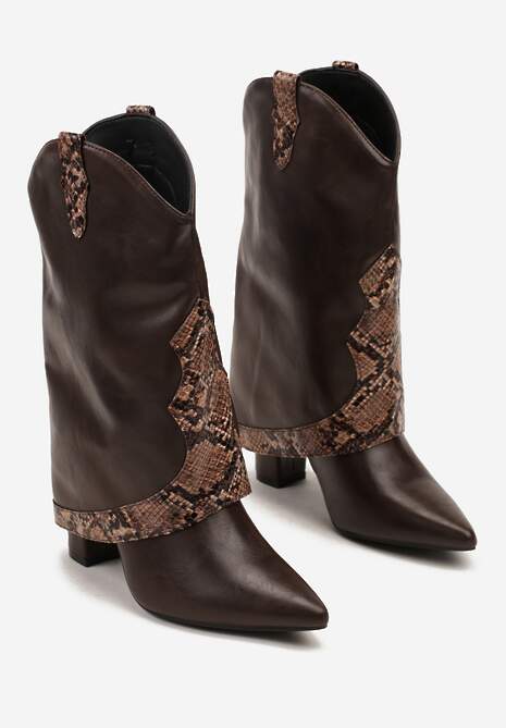 Brązowe Botki na Słupku z Cholewką Imitującą Nogawkę z Wężowym Tłoczeniem Vemissea