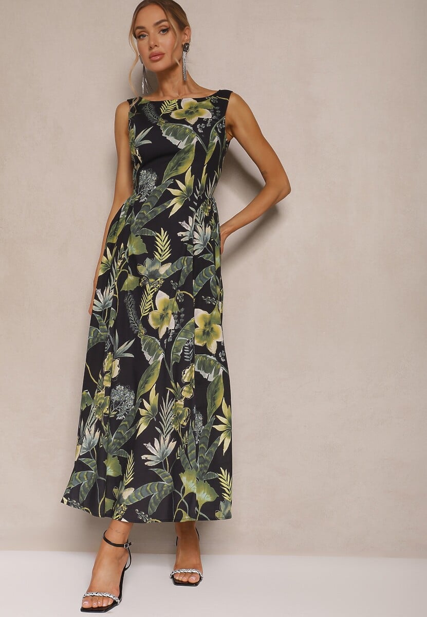 Biała Sukienka w Roślinny Wzór z Bawełny o Rozkloszowanym Kroju Korlio