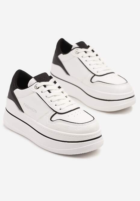 Biało-Czarne Sneakersy na Platformie Ozdobione Brokatem i Napisem Udivoria