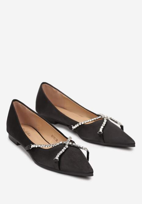 Czarne Balerinki ze Szpiczastym Noskiem  i Ozdobnym Paskiem z Cyrkoniami Tinara