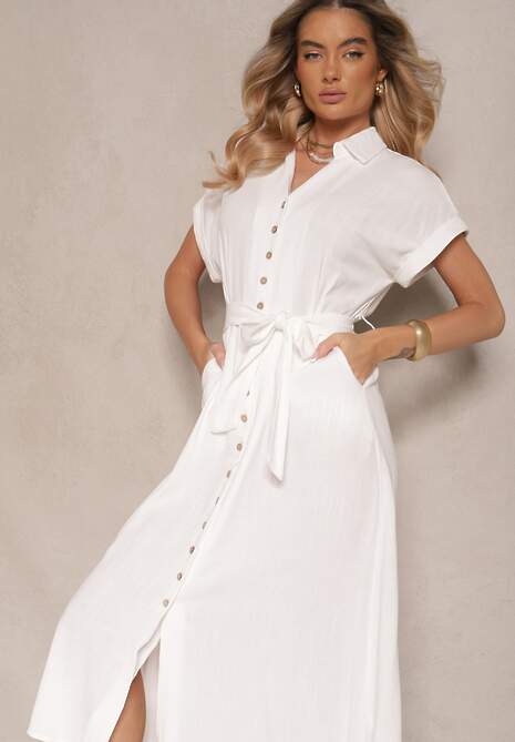 Biała Bawełniana Sukienka Koszulowa z Wiązanym Paskiem i Krótkim Rękawem Elannoria