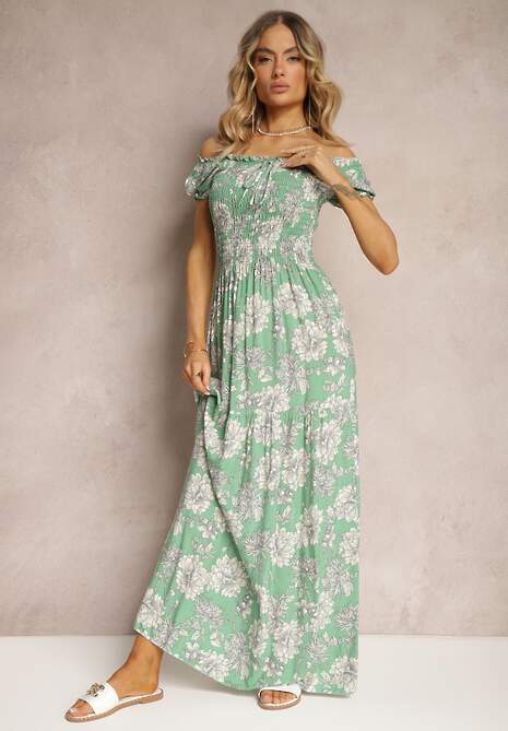 Zielona Wiskozowa Sukienka Hiszpanka z Marszczoną Górą Zimbia