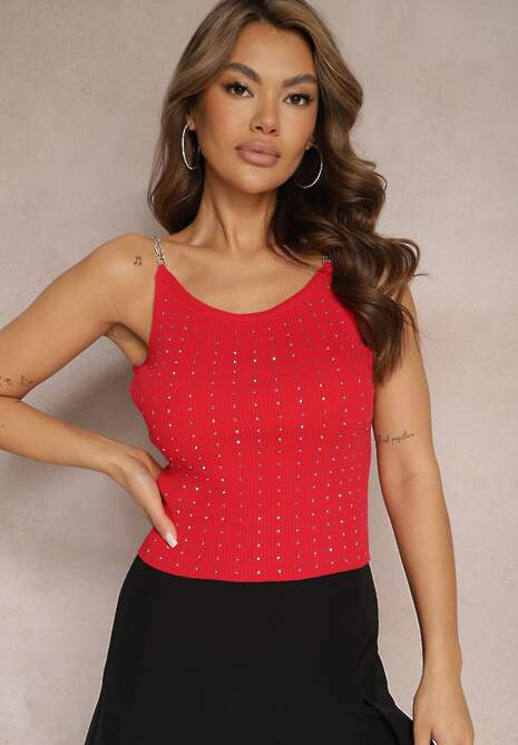 Czerwony Top Ozdobiony Cyrkoniami na Metalicznych Ramiączkach Qutella