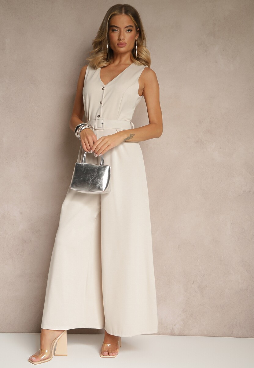 Jasnobeżowy Kombinezon o Taliowanym Kroju z Wiskozą i Paskiem Raliorea