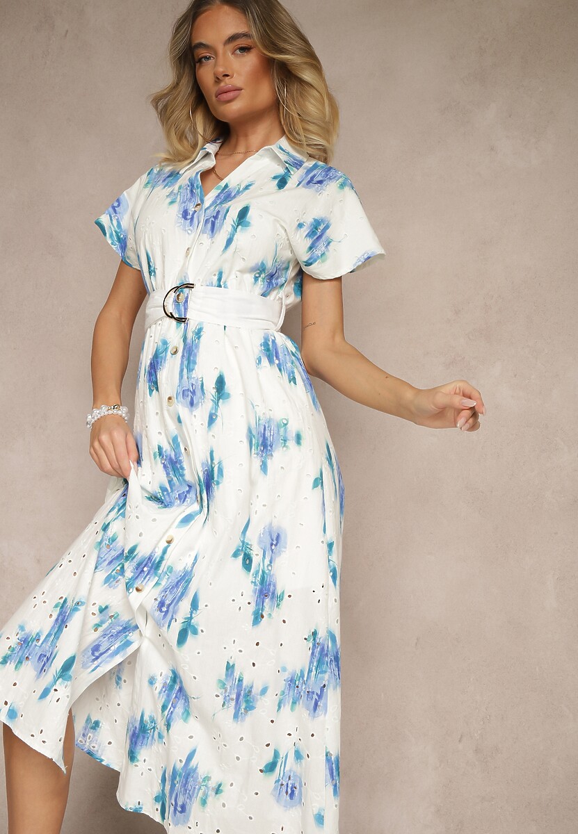 Biało-Pomarańczowa Bawełniana Sukienka z Ażurowym Zdobieniem o Koszulowym Kroju z Paskiem Velpio