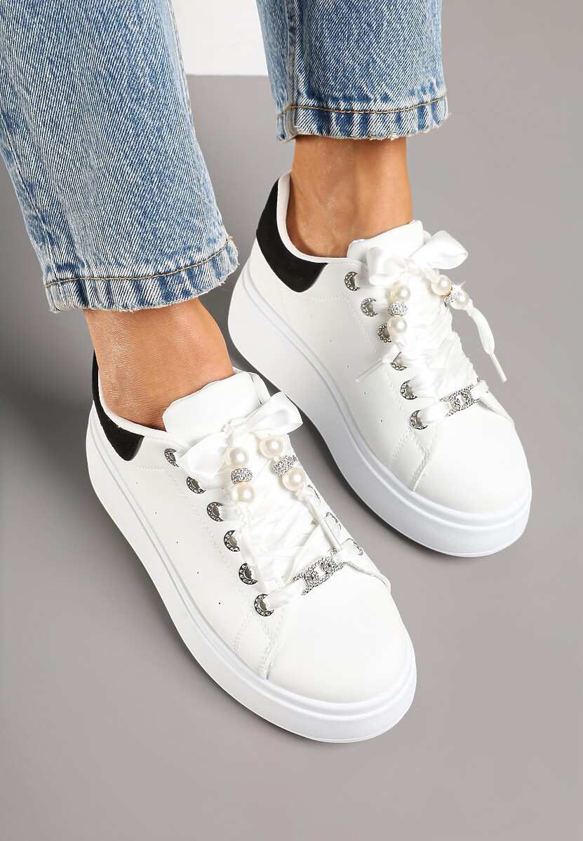 Biało-Czarne Sneakersy na Platformie Ozdobione Cyrkoniami Vivalle