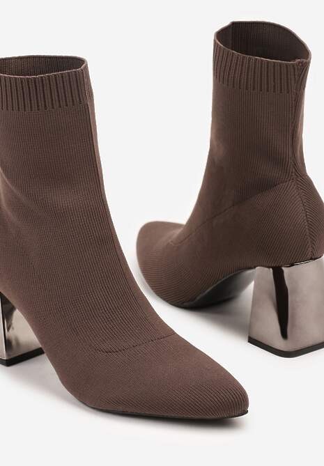 Brązowe Skarpetkowe Botki Vices na Metalicznym Słupkowym Obcasie Widvira