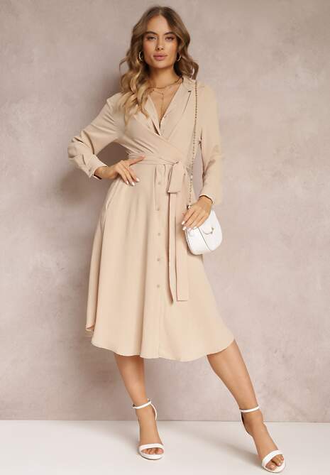 Beżowa Sukienka Midi z Kołnierzykiem i Materiałowym Paskiem Rasik