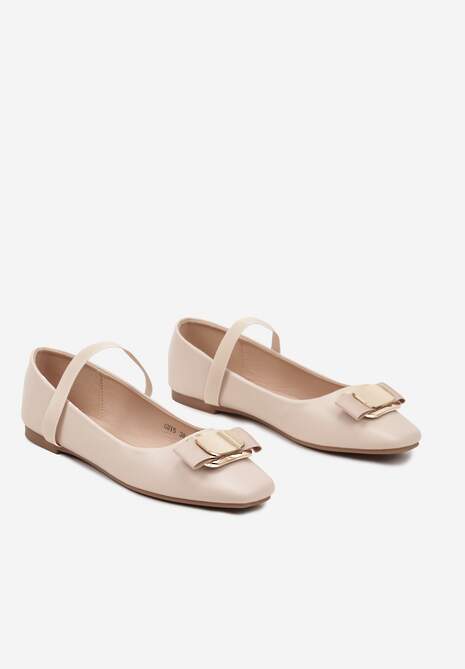 Beżowe Balerinki Zdobione Biżuteryjną Aplikacją i Elastycznym Paskiem Inirea
