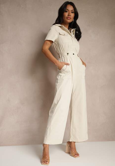 Beżowy Kombinezon Wide Leg z Kołnierzykiem Suwakiem i Krótkim Rękawem Jenaralitia