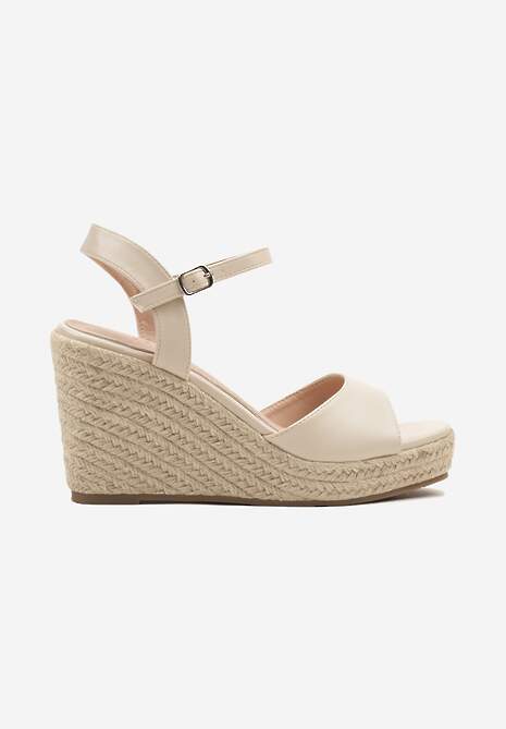 Beżowe Sandały na Plecionym Koturnie z Wkładką ze Skóry Naturalnej Devaraie