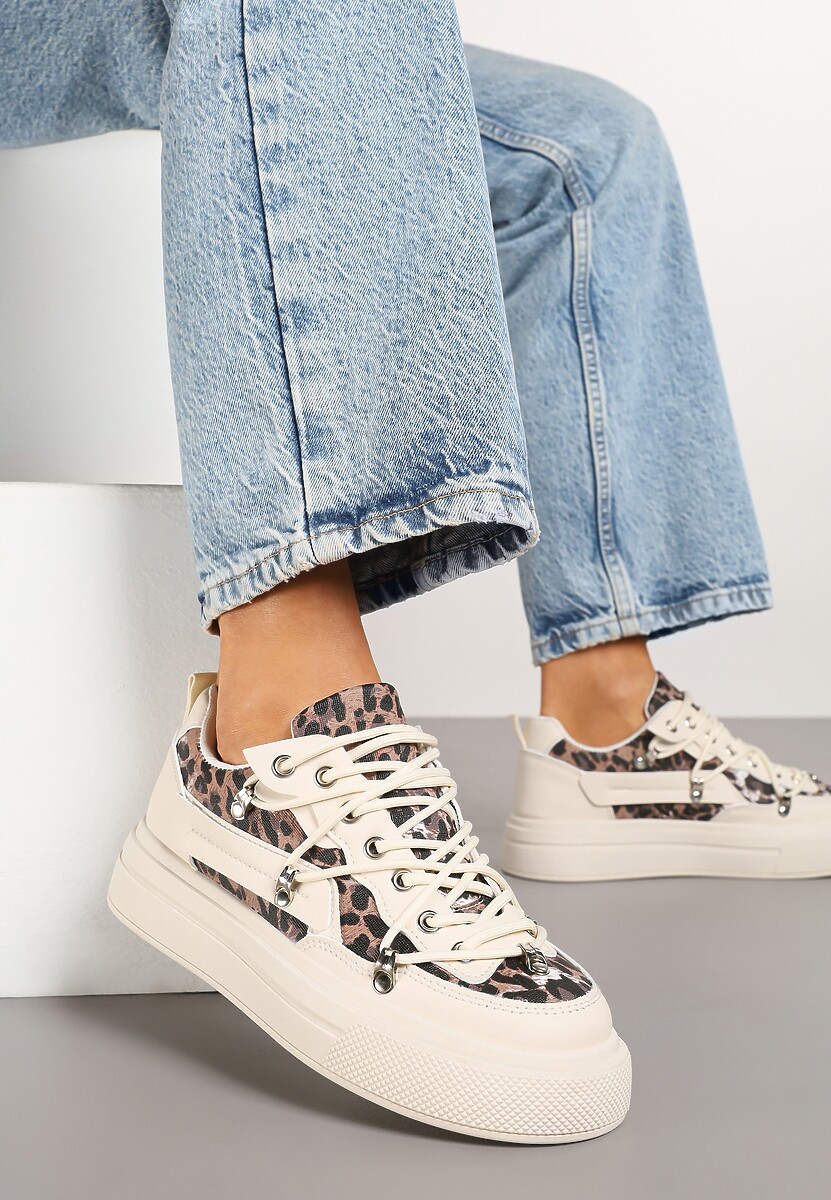Beżowe Sneakersy ze Wzorem w Panterkę Doridi