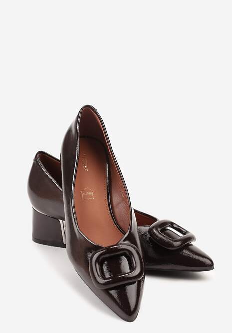 Brązowe Czółenka Vices na Słupku z Wkładką ze Skóry Naturalnej i Klamrą Apanelle