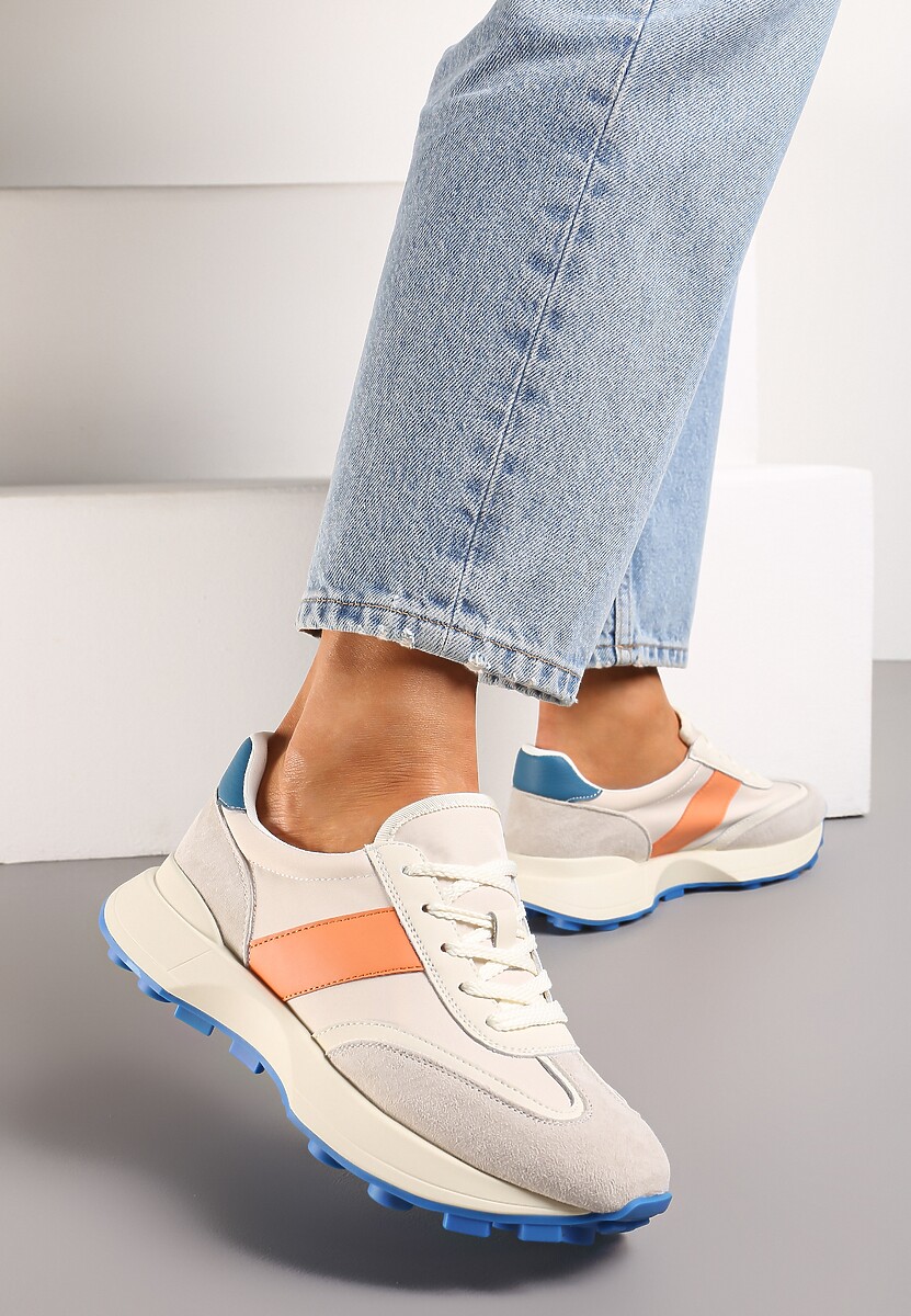 Pomarańczowe Sneakersy ze Skóry Naturalnej Ozdobione Wstawkami z Ekozamszu Xanthipe