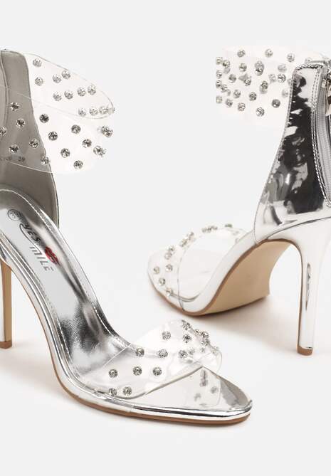 Srebrne Sandały na Szpilce Ozdobione Przezroczystymi Paskami i Cyrkoniami Lioleva