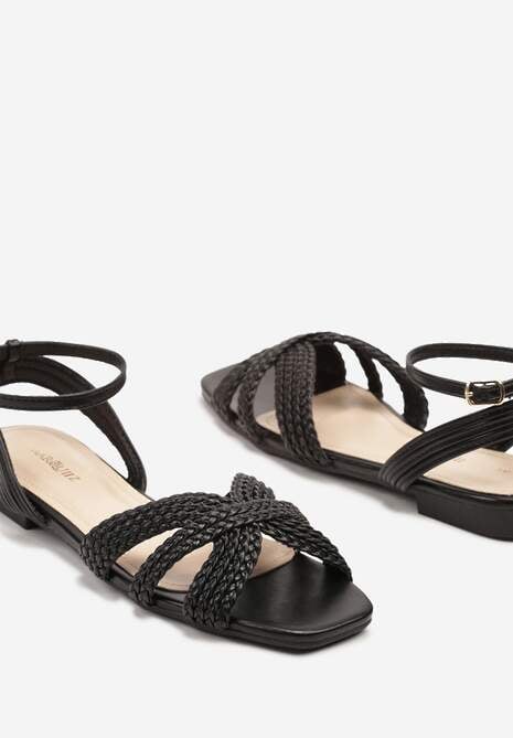 Czarne Sandały ze Sprzączką i Paskami z Plecionką Lavseki