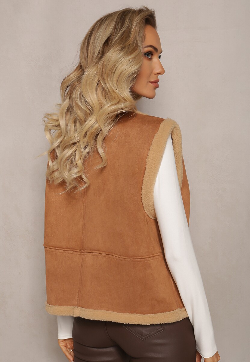 Brązowa Luźna Kamizelka z Ozdobnym Kożuszkiem Barta