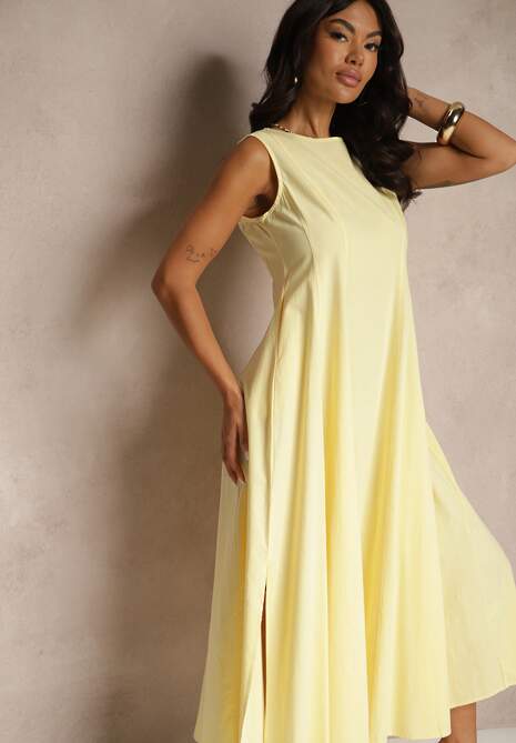 Żółta Sukienka Rozkloszowana z Wiskozą Bawełną i Rozcięciem na Nogę Saravisse
