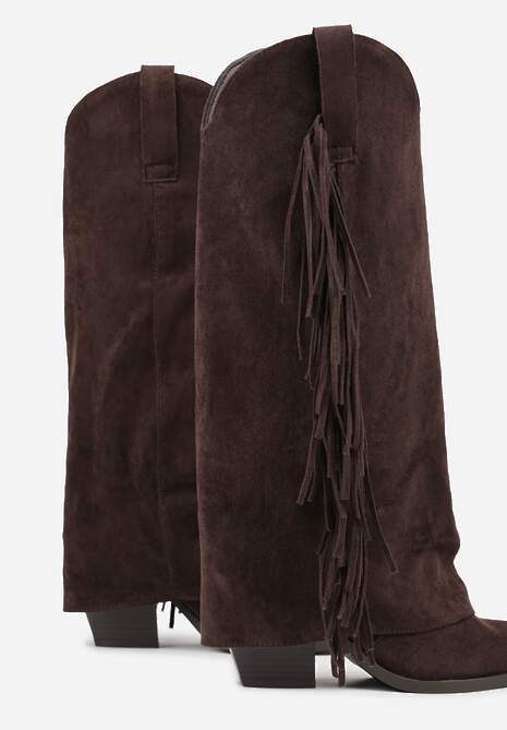 Ciemnobrązowe Kozaki Kowbojki na Stożku z Cholewką Imitującą Nogawkę z Frędzlami Monettea