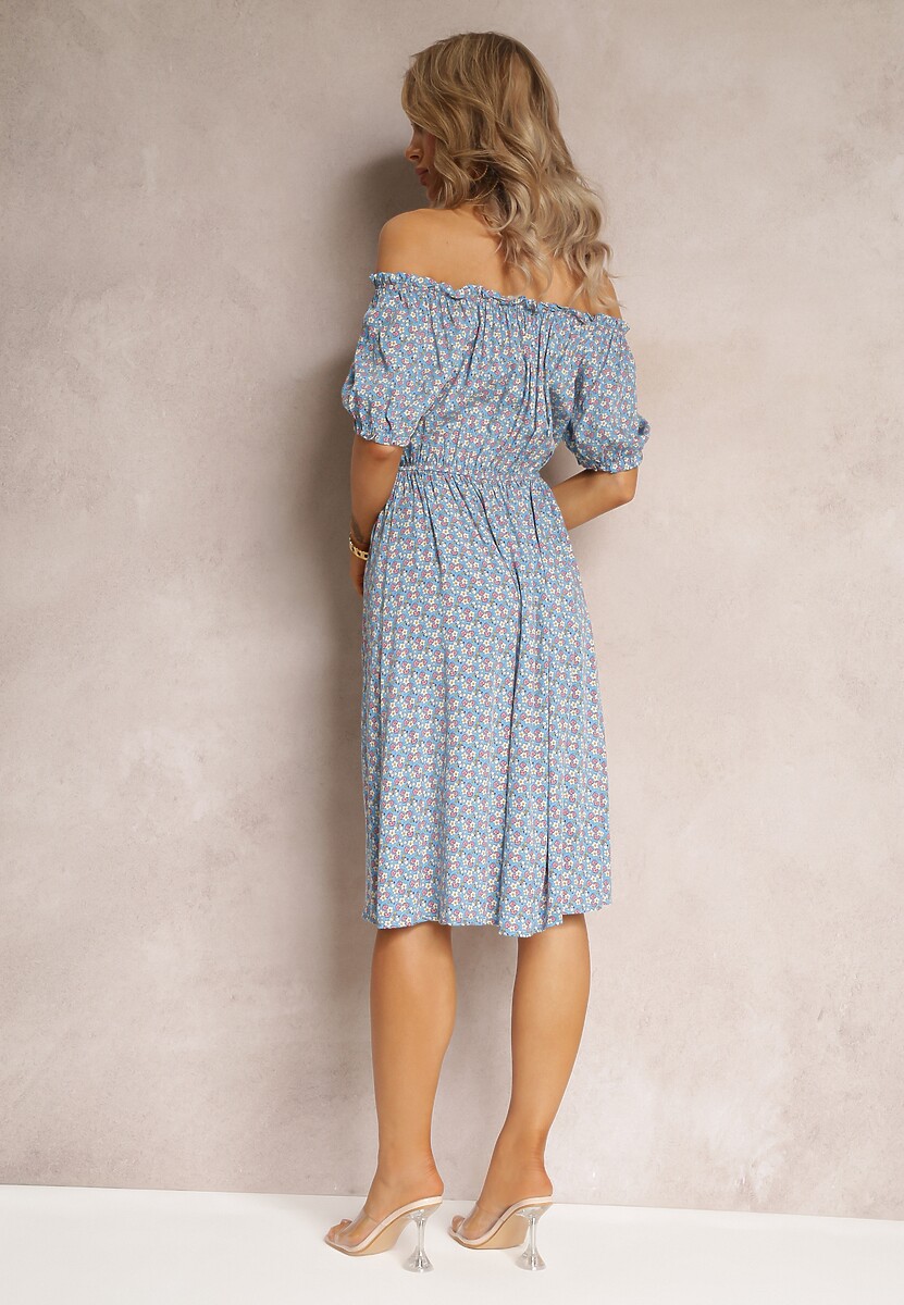 Niebieska Sukienka Hiszpanka z Gumką w Talii z Wiskozy Alines