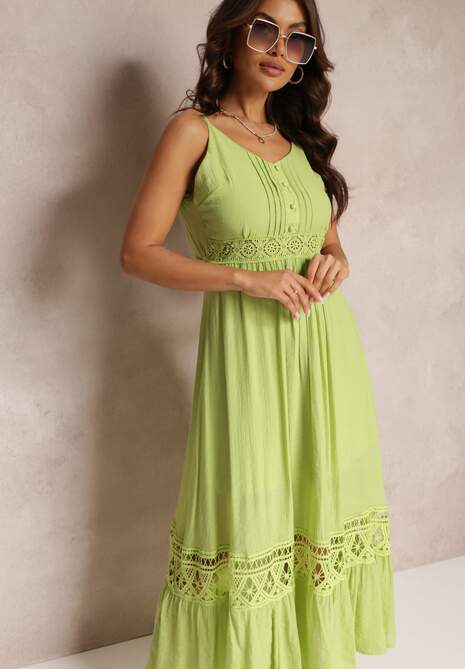 Zielona Rozkloszowana Sukienka Maxi z Falbanką i Koronką Luluma