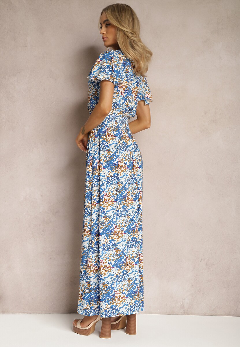 Niebiesko-Żółta Długa Sukienka Wiskozowa z Gumką w Talii i Falbanką Przy Krótkich Rękawach Glossme