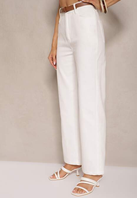 Białe Spodnie z Bawełny o Szerokim Kroju High Waist Ozdobione Paskiem Lavies