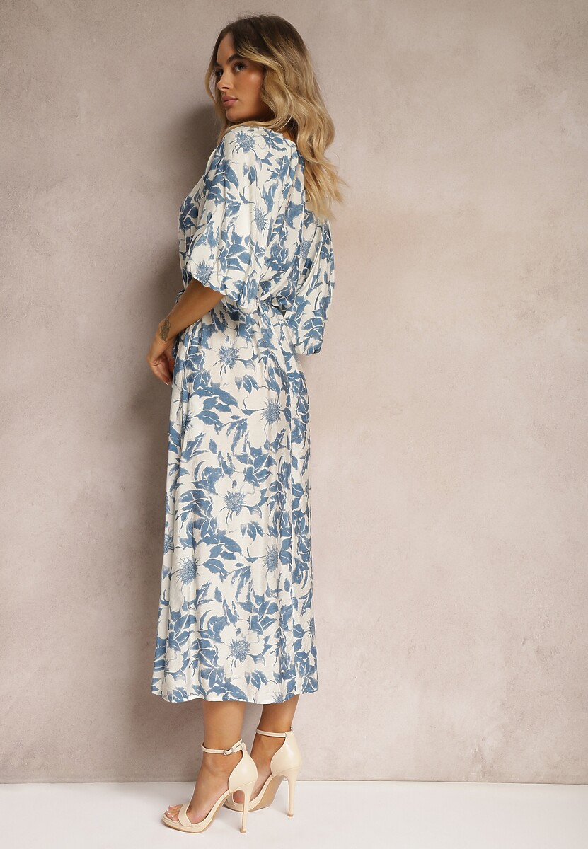 Niebiesko-Biała Wiskozowa Sukienka Wiązana w Talii z Ozdobnymi Rękawami Nanea