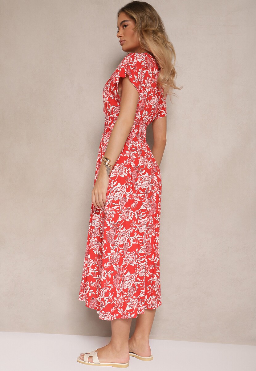 Czerwona Sukienka z Bawełną i Kopertowym Dekoltem w Kwiaty Ldivisa