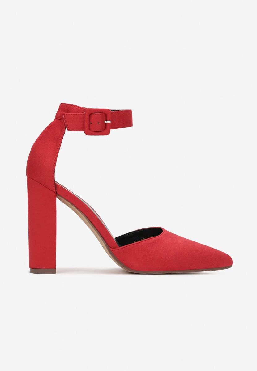 Czerwone Czółenka na Słupkowym Obcasie ze Sprzączką Terria