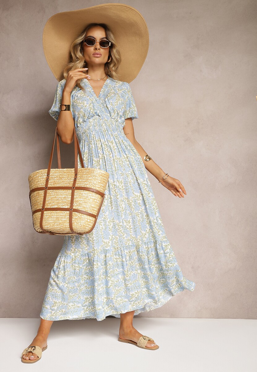 Niebieska Trapezowa Sukienka z Bawełny z Bufiastymi Rękawami Falbaną i Gumką w Talii Vimayana