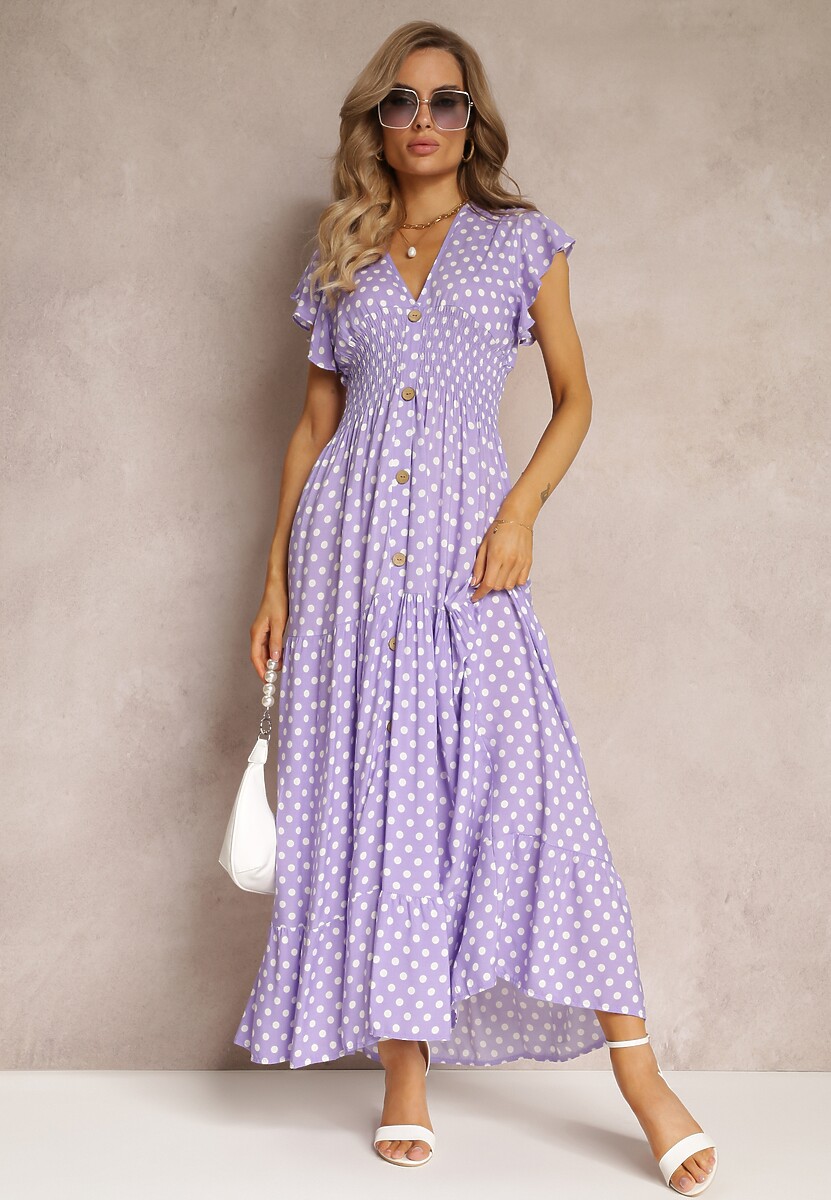 Fioletowa Rozkloszowana Sukienka Maxi w Kropki z Gumką w Talii Janey