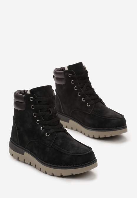 Czarne Sznurowane Botki Trapery z Mocnym Ociepleniem Kirssan