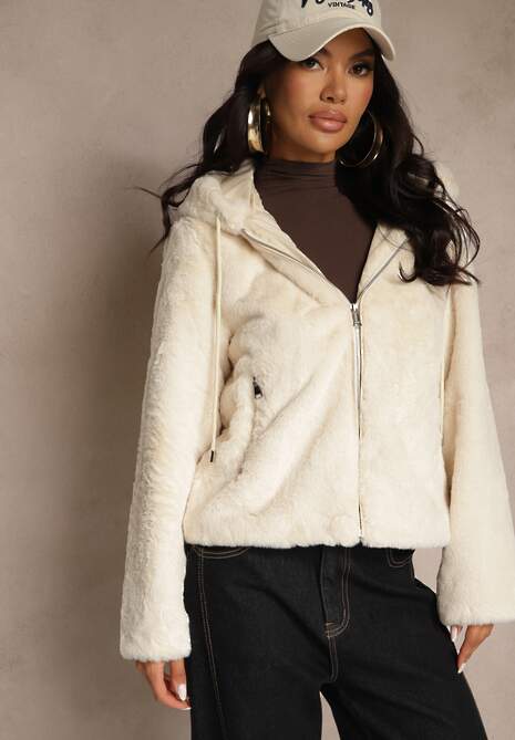 Beżowa Kurtka Futerko z Kapturem w Casualowym Stylu Nundrie