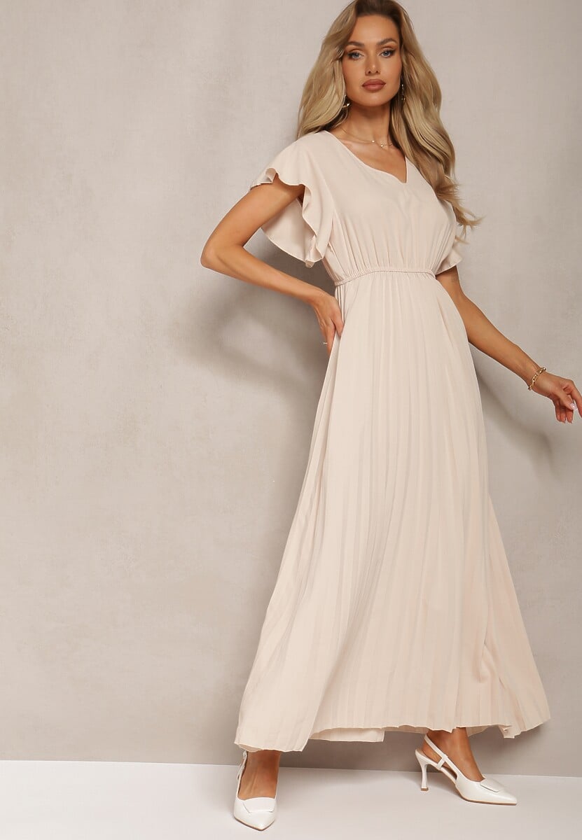 Beżowa Rozkloszowana Sukienka z Plisami Maxi z Falbankami przy Ramionach Nethula