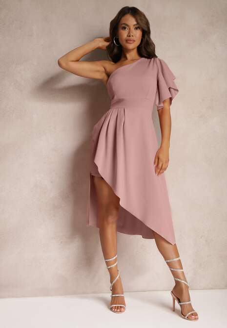 Ciemnoróżowa Asymetryczna Sukienka Wieczorowa na Jedno Ramię Ozdobiona Falbankami Vimasira