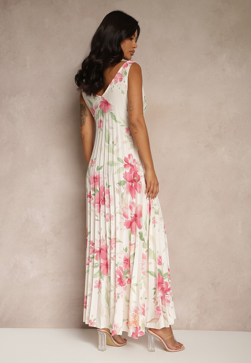 Beżowa Plisowana Sukienka o Rozkloszowanym Fasonie na Szerokich Ramiączkach Nitanela