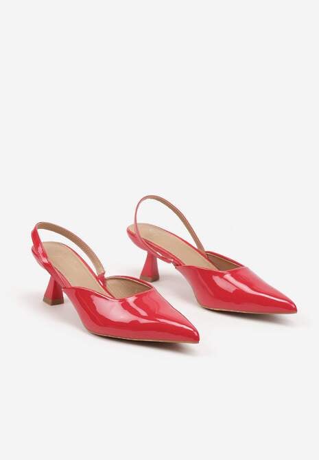 Czerwone Sandały na Kaczuszce z Noskiem w Szpic i Lakierowanym Połyskiem Marinori