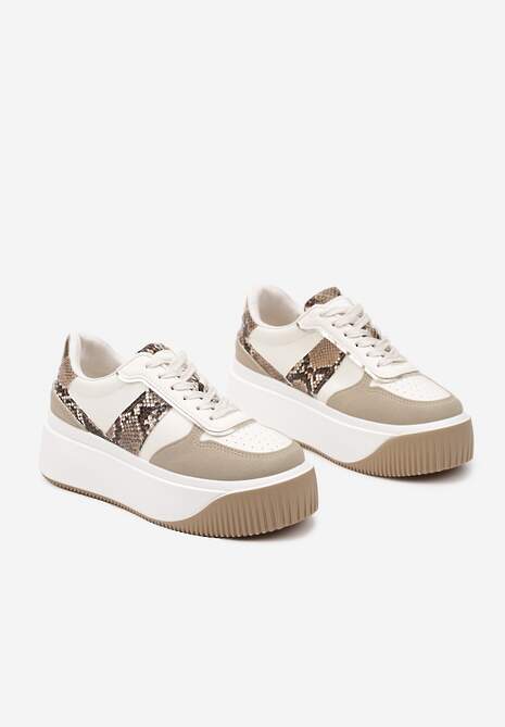Beżowe Sneakersy na Platformie z Metalicznym Zdobieniem Fonarien