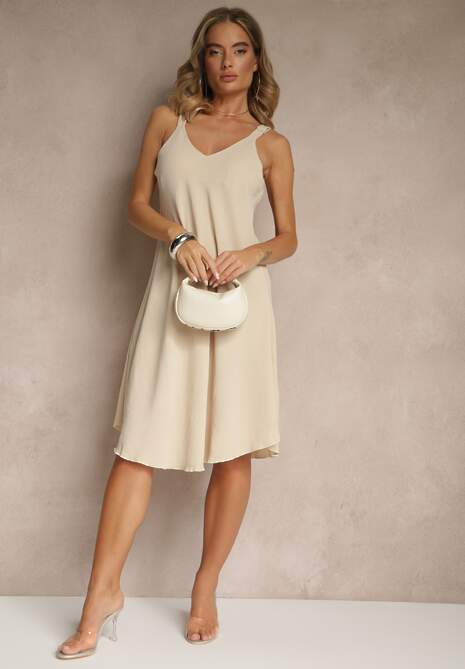 Beżowa Trapezowa Sukienka z Wiskozy na Ramiączkach z Dekoltem w Serek Folianne