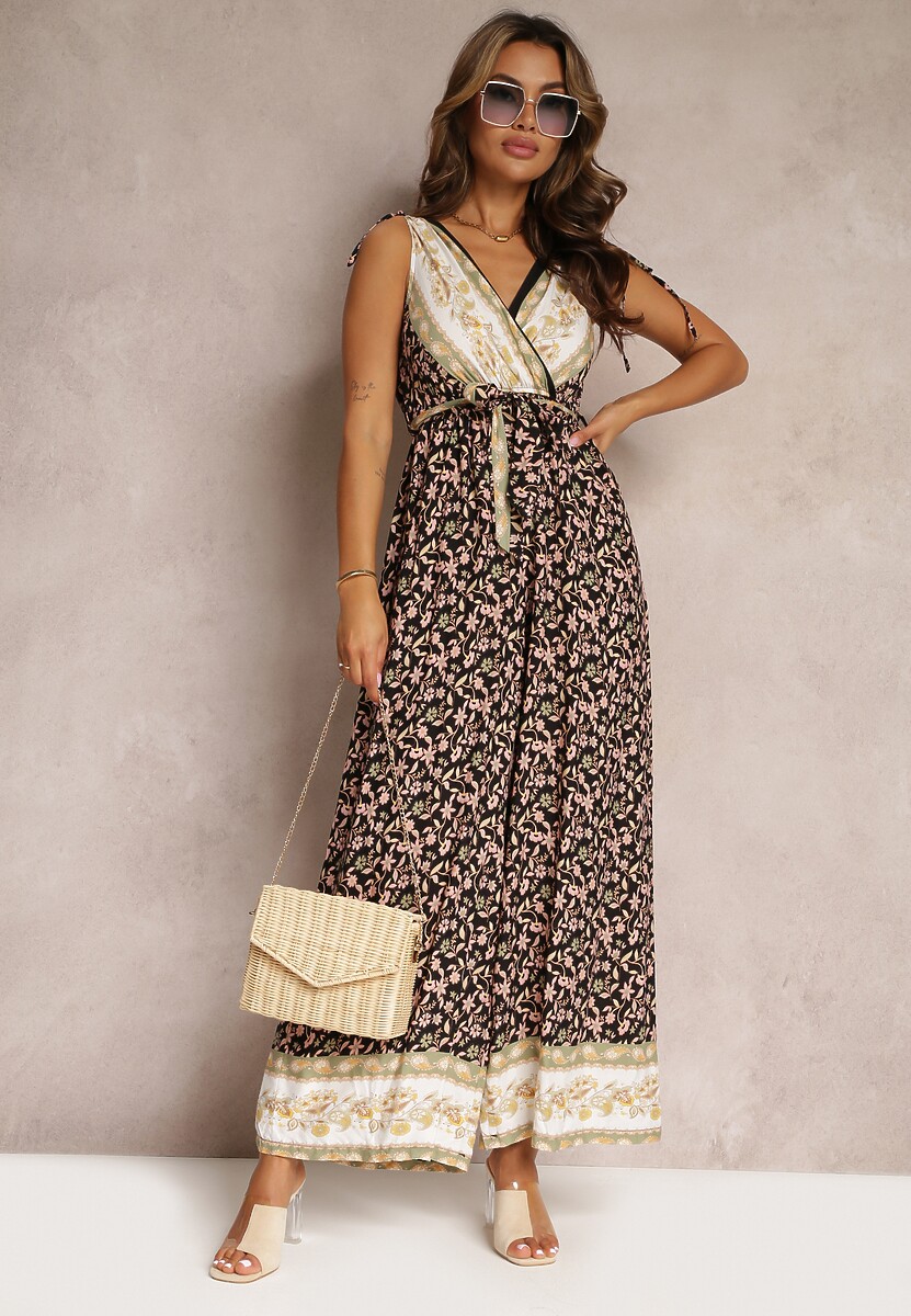 Zielony Kombinezon z Wiskozy Ozdobiony Kwiatowym Printem i Troczkami przy Ramionach Taglieri