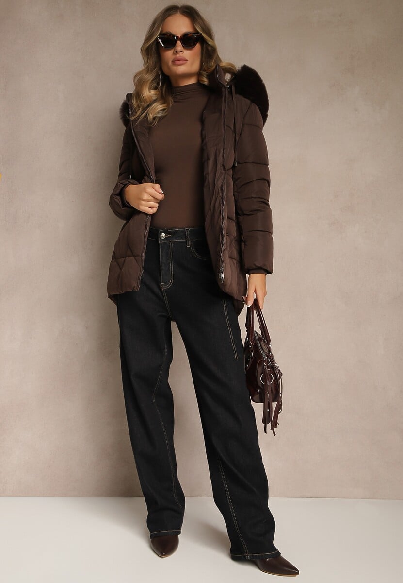 Brązowa Klasyczna Kurtka z Pikowanymi Przeszyciami i Kapturem z Futrem Mundrie