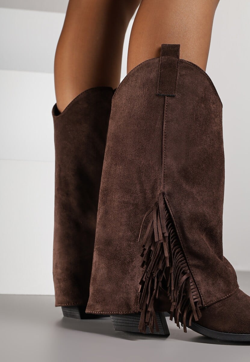 Brązowe Botki Kowbojki na Stożku Ozdobione Frędzlami Reielle