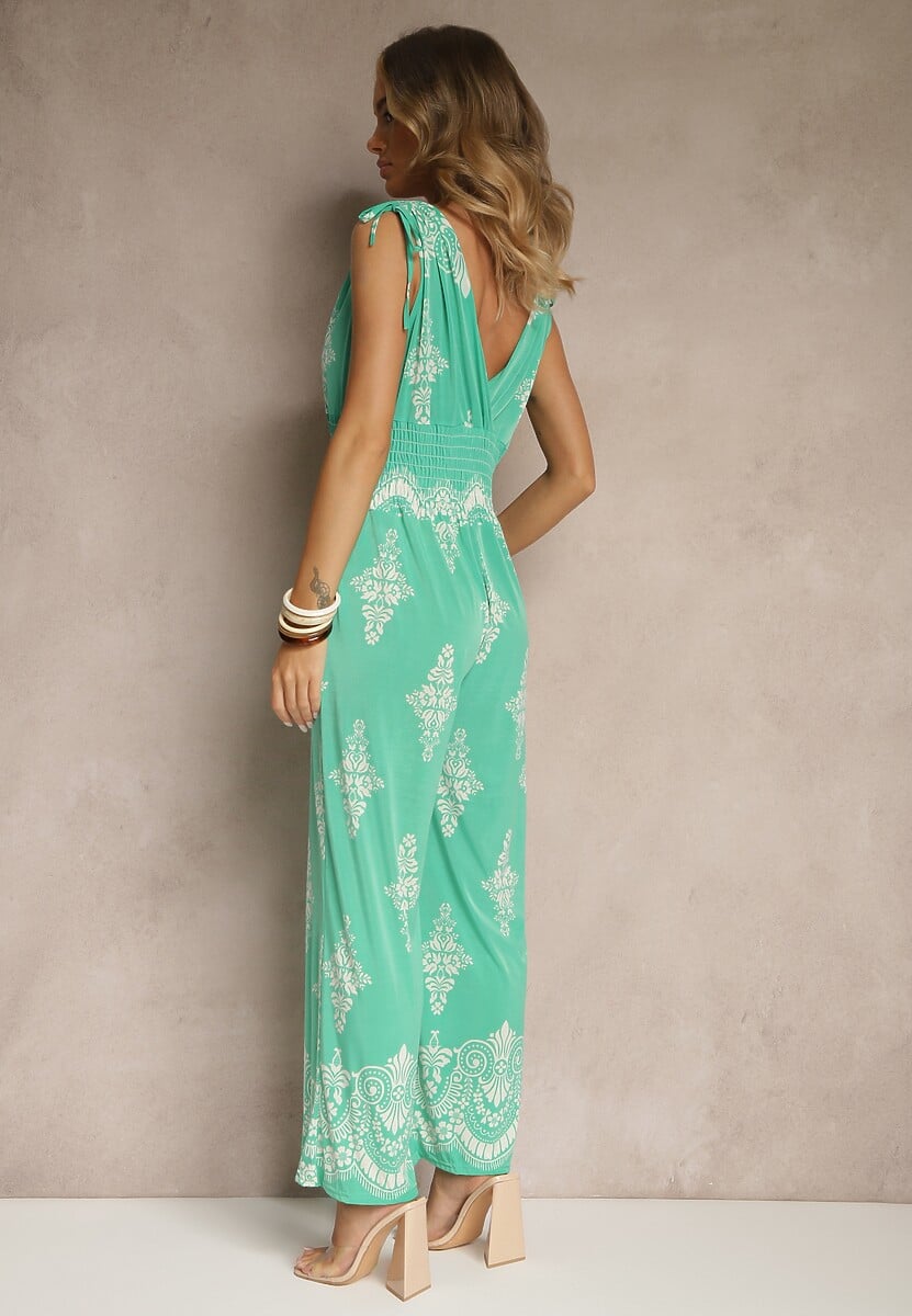 Zielony Kombinezon z Dekoltem w Kształcie Litery V Zdobiony Etnicznym Printem Izlina