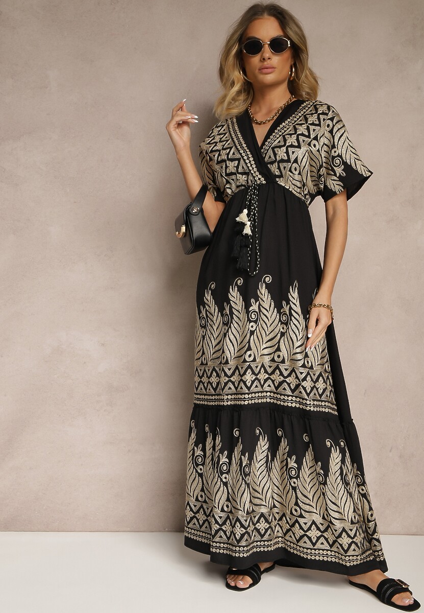Czarna Wiskozowa Sukienka Boho o Kopertowym Kroju z Metalicznym Haftem Redeselle