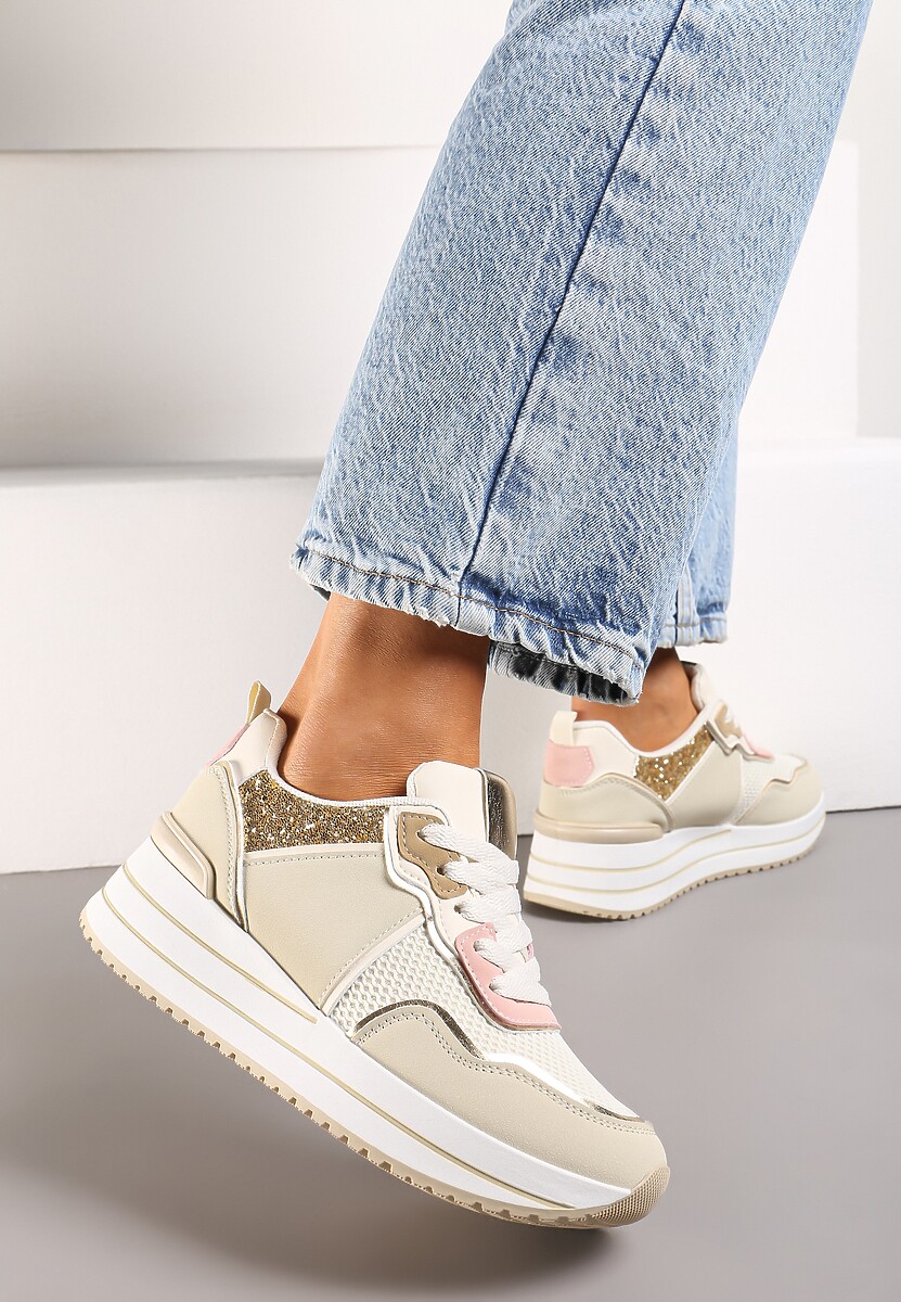 Beżowe Sneakersy na Niskiej Platformie ze Wstawkami z Brokatu Quinnes