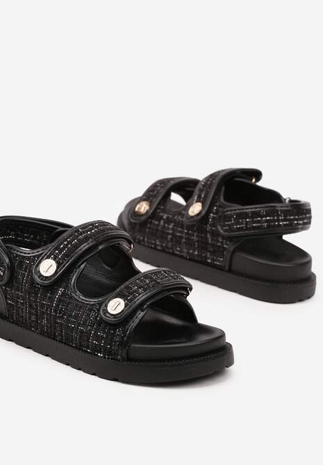 Czarne Sandały z Metalicznymi Guzikami i Tweedową Cholewką Oliandra
