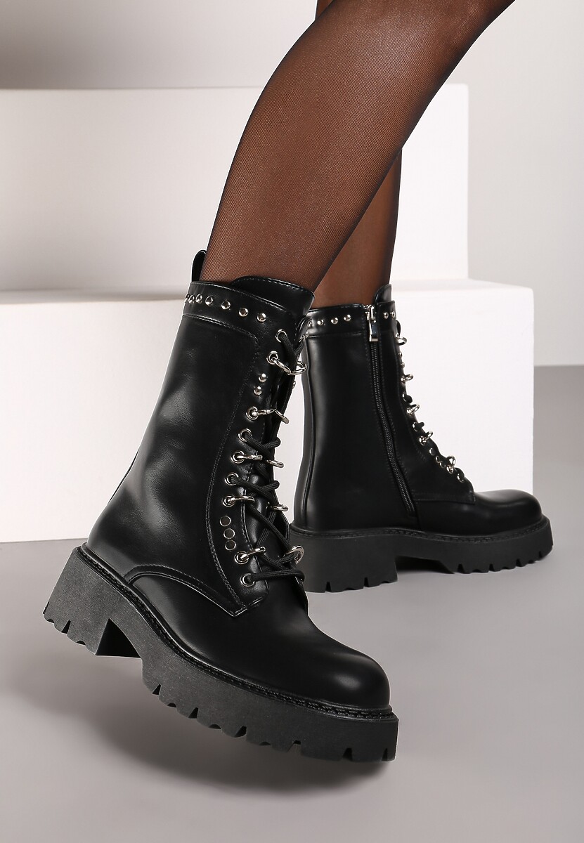 Czarne Botki Workery z Ozdobnymi Nitami na Grubej Podeszwie Miataria