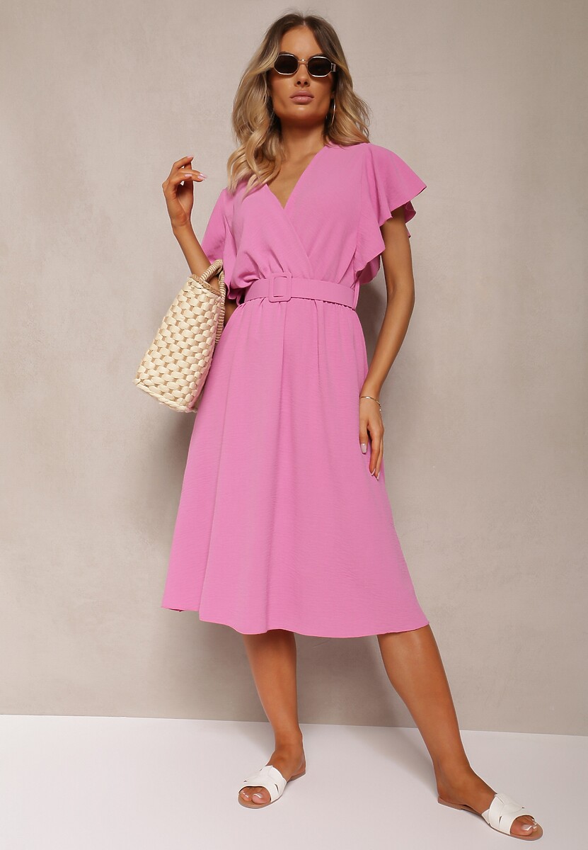 Różowa Rozkloszowana Sukienka z Paskiem i Kopertowym Dekoltem Brinea